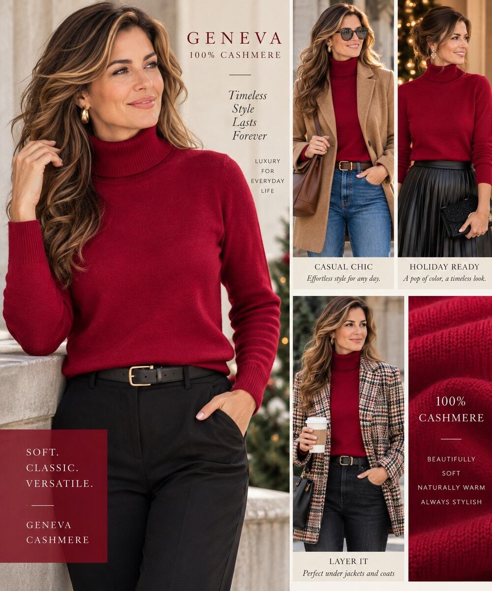 Geneva Women’s Medium 100% Cashmere Red Turtleneck Sweater Made in Mongolia